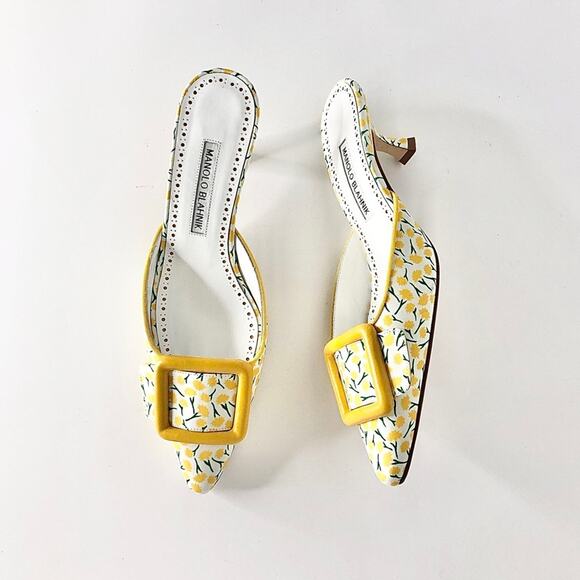 Manolo Blahnik Shoes - Manolo Blahnik Maysalebi Yellow Flower Print Slip On Kitten Heel Mules 37.5